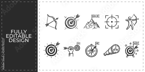 Foto Outdoor sports and archery hobby icons showing bow arrow target mountain and cam