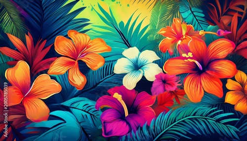 hawaian flower jungle party background with vibrant colors