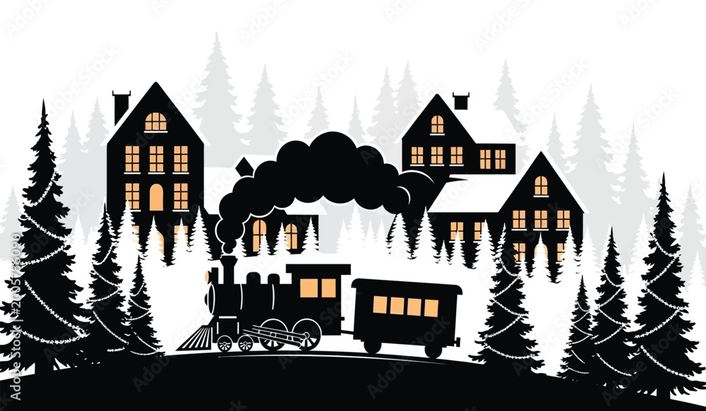Naklejka premium silhouette of a winter village scene with a steam train and evergreen trees against a white background high quality professional detailed modern elegant stylish