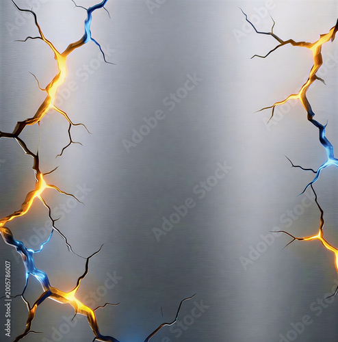 Abstract Brushed Metal Surface with Glowing Blue and Golden Electric Cracks Background