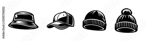 Photos Set of four black and white hat illustrations including baseball cap beanie buck