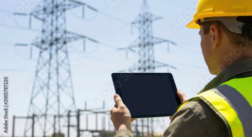 A man in a hard hat and high-visibility vest views a digital tablet at an electrical power station with transmission towers.
