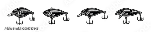 Foto Vector illustration of four black and white fishing lures, detailed vintage styl