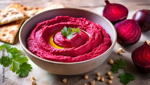 vibrant red beet hummus serves as a delightful pureed dip perfect for pairing with veggies or pita enjoy the rich flavor and nutrition of this red beet hummus in any gathering