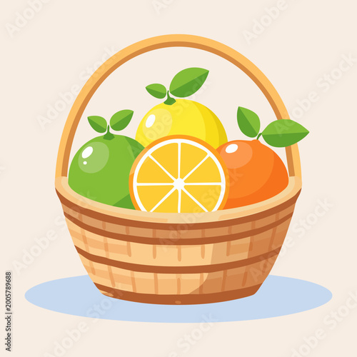 Obraz na plátně Woven garden basket filled with zesty citrus fruits including oranges and green
