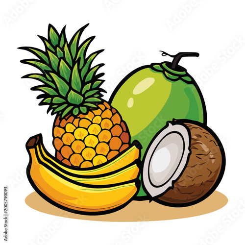 Slika na platnu Tropical fruit ensemble with pineapple bananas coconut and mango for exotic summ
