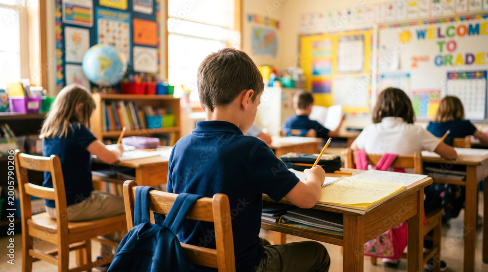 Obraz premium A group of students sit at desks in a classroom. They are focused on their work, writing and completing assignments. The room has colorful posters and learning materials
