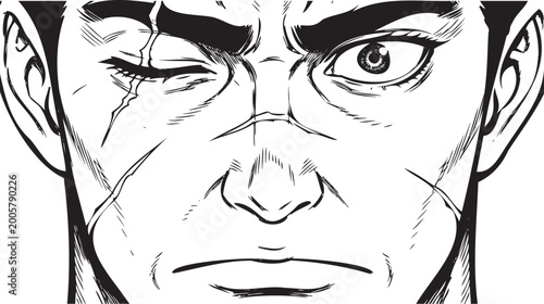 Fotografija Angry man face, cartoon illustration, black and white, vector graphics, emotive