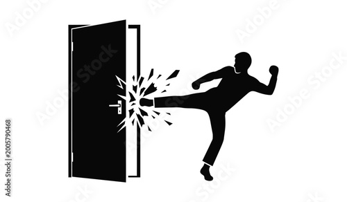 silhouette of a person breaking through a door with a kick black and white graphic high quality professional detailed modern elegant stylish clean crisp