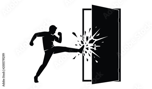 silhouette of a man kicking through a door with shattering glass black and white high quality professional detailed modern elegant stylish clean crisp vibrant