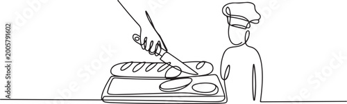 Canvastavla Single one line drawing French bread with the ends cut off on a cutting board