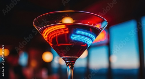 Elegant cocktail glass with vibrant neon reflections capturing the essence of nightlife and sophisticated drinks.