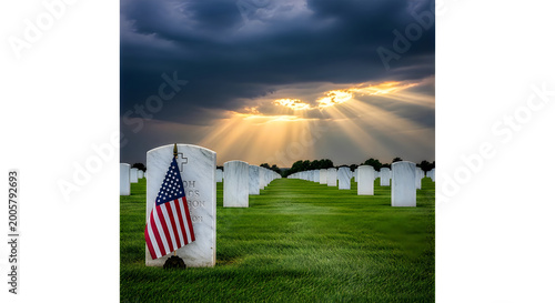 american military cemetery at sunrise with flags on graves and dramatic sky lighting