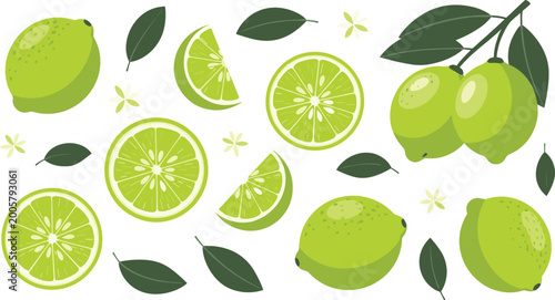 Fotografie Fresh green limes with slices and leaves, perfect for citrus-themed illustrations and refreshing lime graphics