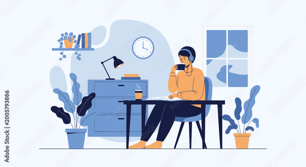 Naklejka premium Cozy Home Office: Person Working Remotely with Coffee and Headphones