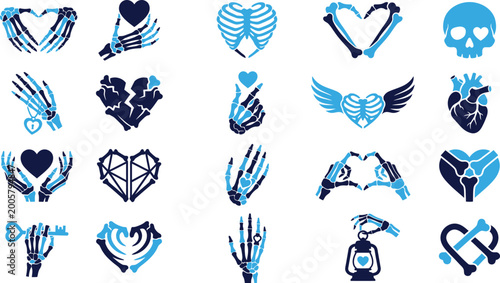 Konstfotografi Skeleton hand heart icons set bones hand heart rib cage heart hand skeleton bones heart skull hand skeleton heart