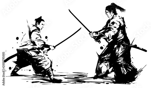 Tableau sur toile Samurai Duel – Traditional Japanese Sword Fight Illustration