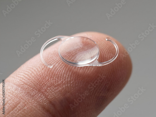 Extreme Close-Up of Clear Intraocular Lens Implant for Cataract Surgery on Fingertip