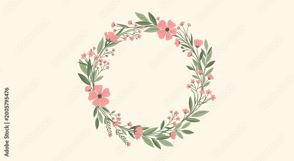 Obraz premium Delicate Pink Floral Wreath with Green Leaves on Cream Background