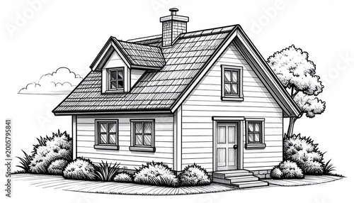 Detailed Black and White Drawing of a Quaint House.