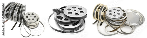 Collection of Vintage Movie Film Reels and Strips Isolated on White Background Representing Retro Cinema Industry History and Analog Video Production.