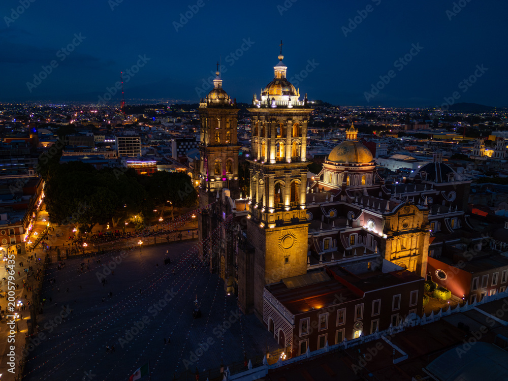Naklejka premium Aerial view Cathedral of Our Lady of the Immaculate Conception, Puebla de Zaragoza, blue hour
