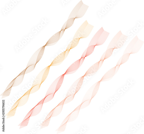 Five elegant translucent tulle fabric ribbons arranged diagonally with soft pastel gradient colors on a pure white background for delicate decorative design