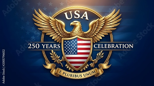Vibrant gold USA 250 years celebration emblem with eagle shield and American flag on blue background with stars. Independence Day.