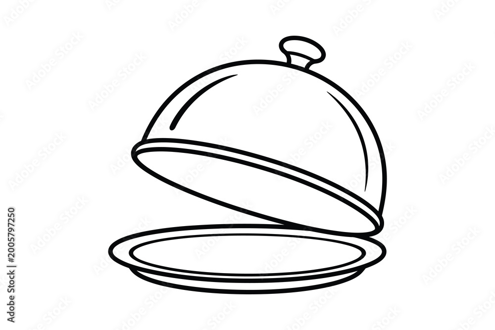 Fototapeta premium Simple black and white line drawing of an open cloche dome on a plate