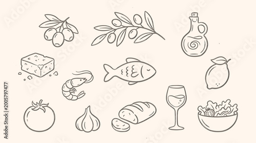 Mediterranean Cuisine Line Art Collection with Healthy Food Elements and Ingredients
