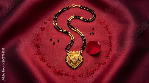 Traditional Indian Mangalsutra necklace with gold pendant on red silk background