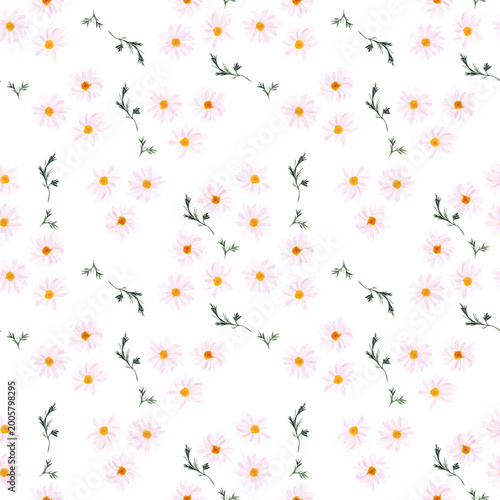 Pattern floreale con piccole margherite rosa e foglie verdi su sfondo bianco, utile a tessuti, carta da parati e prodotti di cancelleria