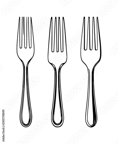 Bilde på lerret Fork set with black line art design featuring stainless steel, cutlery, utensil