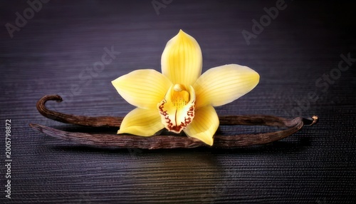 Exquisite Yellow Orchid Blossom with Vanilla Beans on Dark Surface.