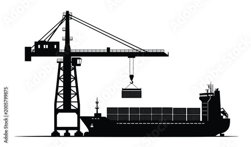 silhouette of a container ship and port crane against a white background high quality professional detailed modern elegant stylish clean crisp vibrant colorful digital