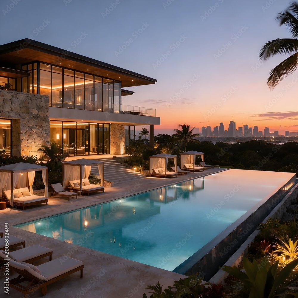 Fototapeta premium Luxury clubhouse with infinity pool at sunset
