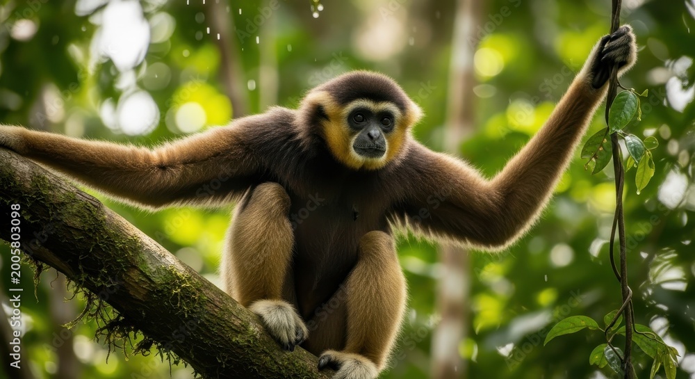 Obraz premium A spider monkey sitting on a tree branch in a forest with green leaves and holding a vine with its r