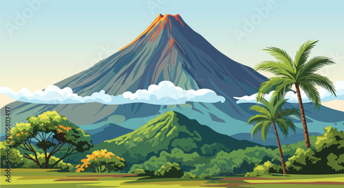 Foto Vibrant vector illustration of a majestic volcano erupting with lush green folia