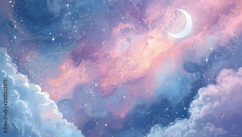 Dreamy pastel sky with crescent moon, stars and soft clouds, ethereal fantasy background