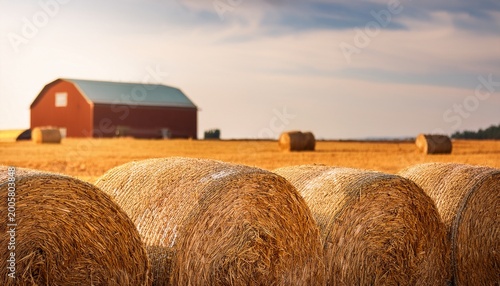 vertical close up of golden hay bales in a rural farm field agricultural harvest season with a blurred barn in the background