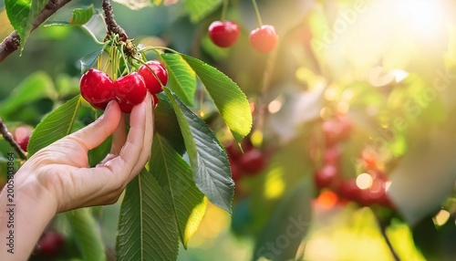 hand picking a ripe red cherry from a tree branch fresh organic fruit harvest in a summer garden panoramic banner