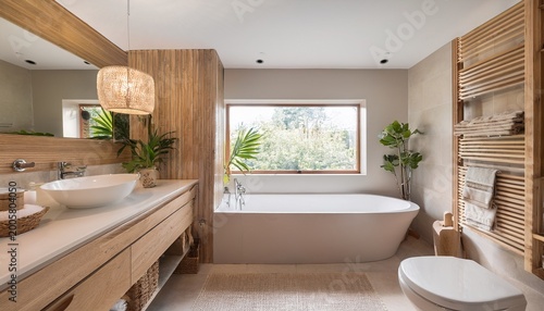 modern farhmouse decor bathroom with wood accents and pale colors