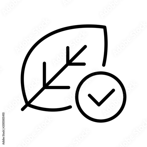 Black single eco leaf with approval check line icon, simple good health leaf flat design vector pictogram, infographic interface elements for app logo web button ui ux isolated on white background