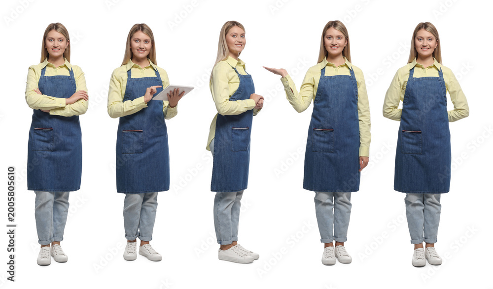 Fototapeta premium Woman wearing blue denim apron on white background. Collection of portraits