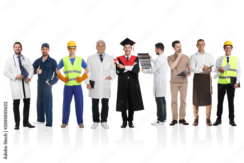 Obraz premium Graduate student and men of various professions on white background. Career choice