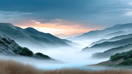 Misty mountain valley at sunrise, fog covering natural landscape, serene peaceful atmosphere with cool blue and warm orange sky gradients, ethereal scenic view