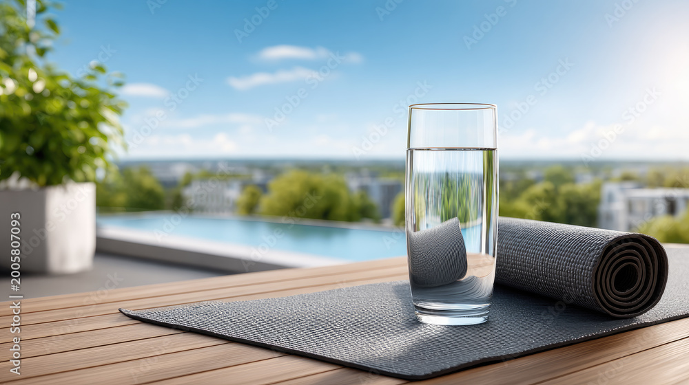 Fototapeta premium Glass of water and a rolled yoga mat on a modern rooftop terrace overlooking a city skyline, promoting wellness, hydration, and a healthy summer lifestyle