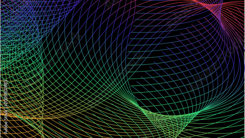 Gradient lines waves surface grid pattern on black backdrop. Abstract colorful wallpaper background.
