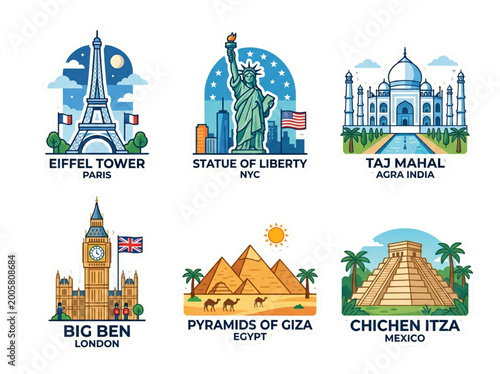 World Landmarks Sticker Set with Famous Travel Icons Eiffel Tower Statue of Liberty Taj Mahal Big Ben Pyramids and Chichen Itza
