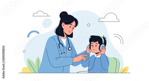 Pediatrician examining child's hearing with headphones, audiology test, healthcare concept